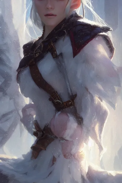 Prompt: dungeons and dragons snow elf character closeup portrait, dramatic light, dungeon background, 2 0 0 mm focal length, painted by stanley lau, painted by greg rutkowski, painted by stanley artgerm, brom, digital art, trending on artstation