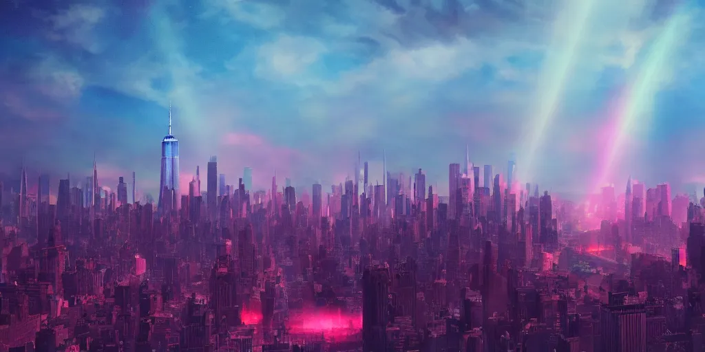 Prompt: new york city, beams of light from sky, matte painting, electric sky, dreamscape, stars, global illumination, the great beyond, pilgrimage, trending on artstation, color palette of movie mandy 2 0 1 8