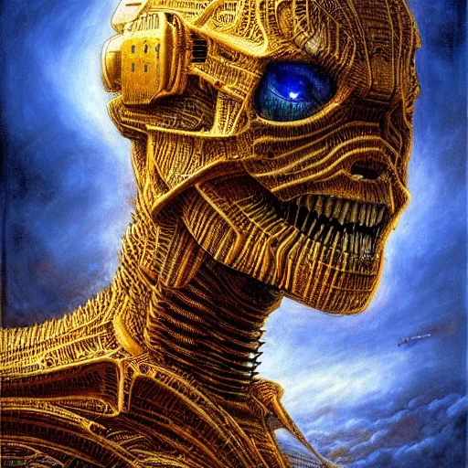 Image similar to sci - fi demon, atmospheric lighting, painted, intricate, golden and blue hour, ultra detailed by peter gric, giger, enki bilal