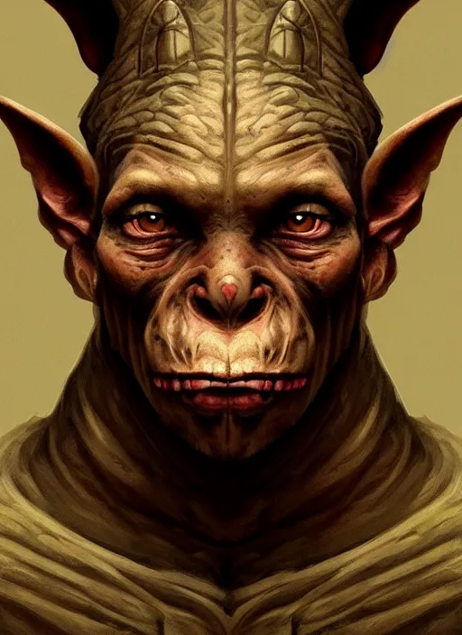 Image similar to profile portrait of a medieval goblin in the cloisters, beautiful face, hyper realistic, highly detailed, digital painting, artstation, illustration, concept art by hyung tae and frank frazetta, digital paint, matte paint, washed colors, dark, gloomy