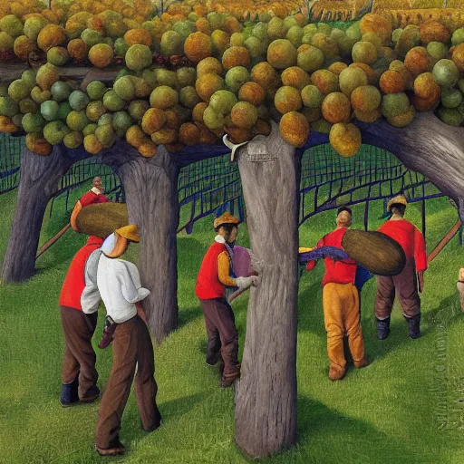 Image similar to Hyperrealism traditional austrian vineyard with workers, painting by MC Escher