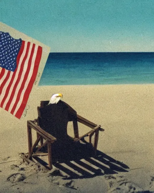 Image similar to postcard showing 'a cool bald eagle perched on a beach chair with shades and a beer bottle' laying in the sand, advertisement, american flag