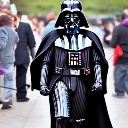 Prompt: darth vader is a pimp, wearing an oversized purple coat, gold jewlery, and a diamond tipped cane