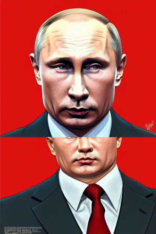 Image similar to vladimir putin with kim jong un hairstyle, realistic portrait, symmetrical, highly detailed, digital painting, artstation, concept art, smooth, sharp focus, illustration, cinematic lighting, art by artgerm and greg rutkowski and alphonse mucha