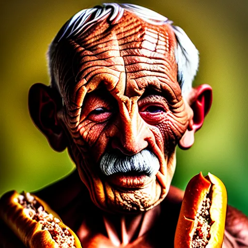 Prompt: Colour Photography of 1000 years old man with highly detailed 1000 years old face, that eating hot-dog in style of Josan Gonzalez