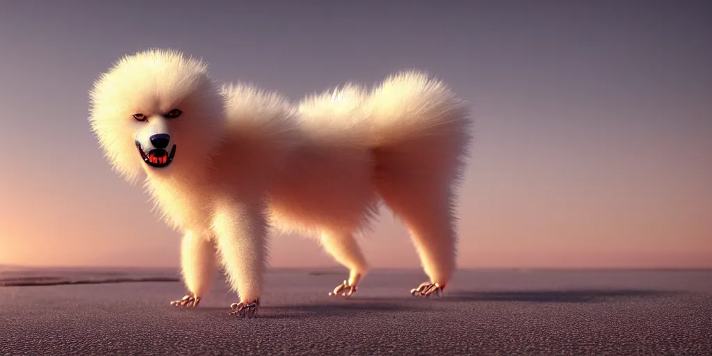 Image similar to a scary, evil, malevolent robotic canine appearance like a japanese spitz, robotic parts fused with the body and head, on a beach at sunset, this 4 k hd image is trending on artstation, featured on behance, well - rendered, extra crisp, features intricate detail and the style of unreal engine. golden hour