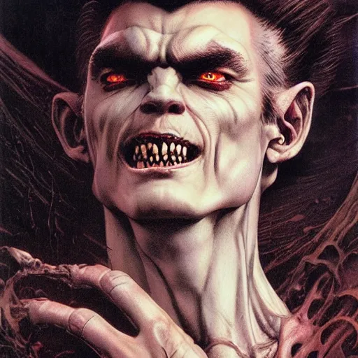 Image similar to head and shoulders vogue photo portrait of a male vampire, d & d, fantasy, greg rutkowski, frank frazetta, alexandre chaudret, boris vallejo, michael whelan, miro petrov, hr giger, magali villeneuve, donato giancola