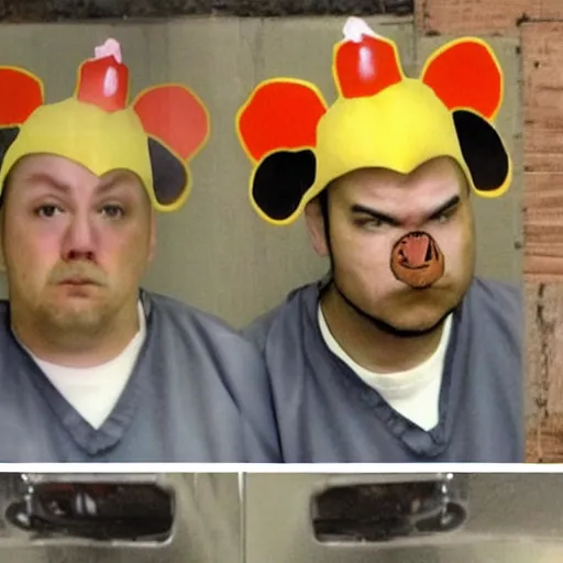 Prompt: inmate wearing chicken face and chicken head