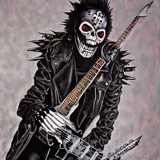 Prompt: a portrait of the grim reaper as a punk rocker playing an electric guitar, punk, skeleton face, mohawk, dark, fantasy, leather jackets, spiked collars, spiked wristbands, piercings, boots, electric guitars, motorcycles, ultrafine detailed painting by frank frazetta and vito acconci and michael whelan and takeshi obata, death note style, detailed painting