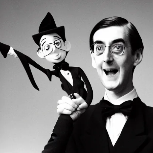 Prompt: a black and white photo of jacob rees - mogg as the childcatcher