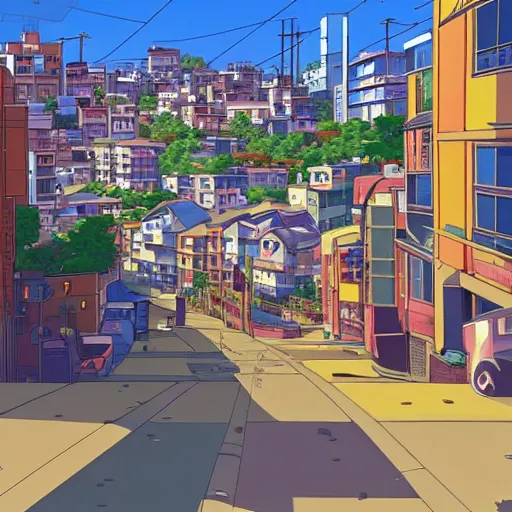 Image similar to city street, sloped street, city on hillside, street scene, colorful buildings, cel - shading, 2 0 0 1 anime, flcl, jet set radio future, golden hour, japanese town, concentrated buildings, japanese neighborhood, construction site, cel - shaded, strong shadows, vivid hues, y 2 k aesthetic