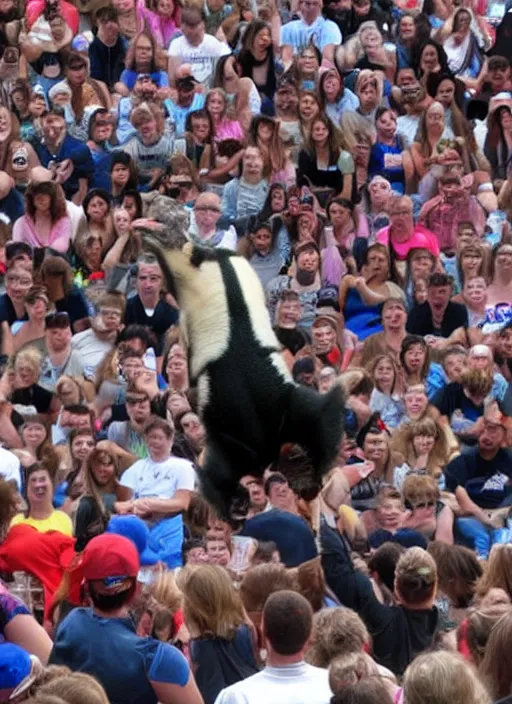 Image similar to a large audience watching a breakdancing badger on stage