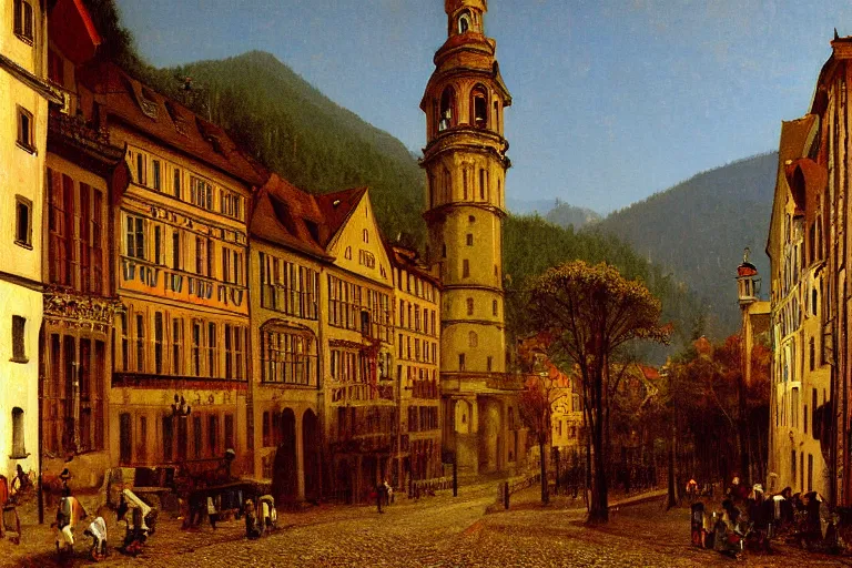 Prompt: Streets of Heidelberg, Germany, 1875, painting by Albert Bierstadt