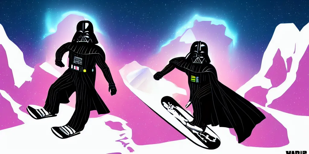 Image similar to darth vader snowboarding, vaporwave, vector graphics, synthwave, neon