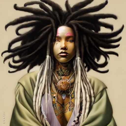 Image similar to pretty black woman with dreadlocks and tattoos, wearing a kimono, ultrarealistic,, in the style of peter mohrbacher by weta digital and beth cavener, intricate, masterpiece, award winning, intricate