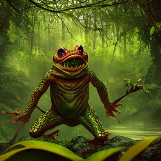 Prompt: an amphibian goblin in a rainforest, digital art, realistic, 8 k, matte painting, fantasy art, ultra detailed