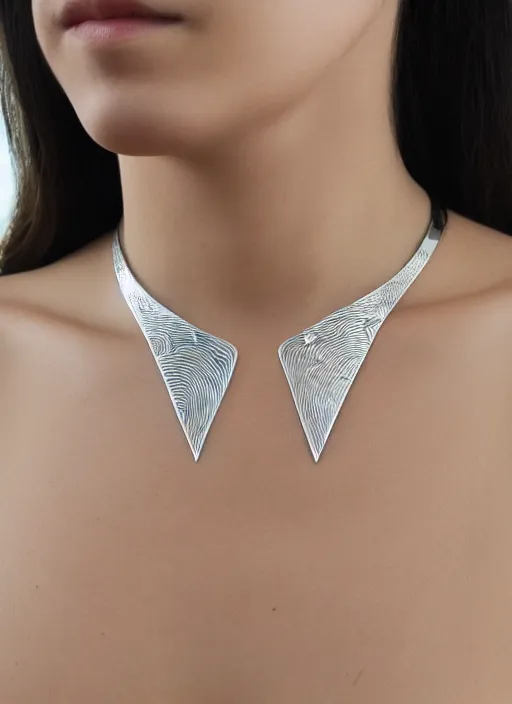 Image similar to Amulet Of Wave inlaid in silver on a young beautiful woman neck, realistic, clean,