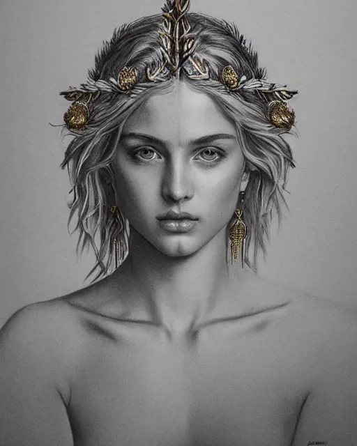 Prompt: beautiful aphrodite greek goddess wearing a golden laurel wreath and arrowhead earrings, hyper - realistic pencil drawing, beautiful piercing eyes with sharp pupils, beautiful blonde hair, in the style of greg rutkowski, fantasy, amazing detail, epic, elegant, smooth, sharp focus