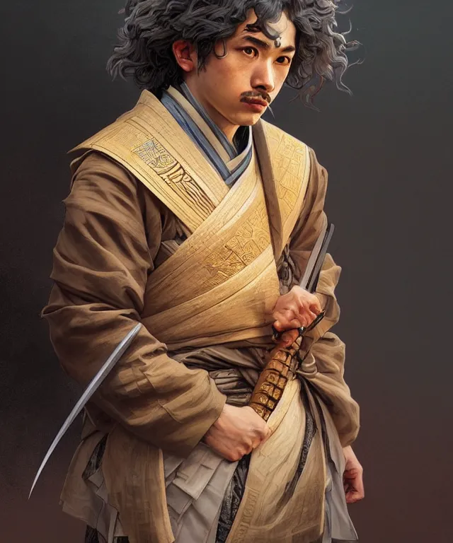 Prompt: portrait of young einstein, savant, as a samurai, ronin, intricate, headshot, highly detailed, digital painting, artstation, concept art, sharp focus, cinematic lighting, illustration, art by artgerm and greg rutkowski, alphonse mucha, cgsociety