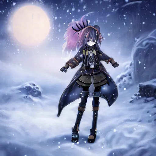 Prompt: anime girl with steampunk weapons and armor walking in a snowy tundra, snow, foggy, extremely detailed, particles, lush, moonlight, stars,