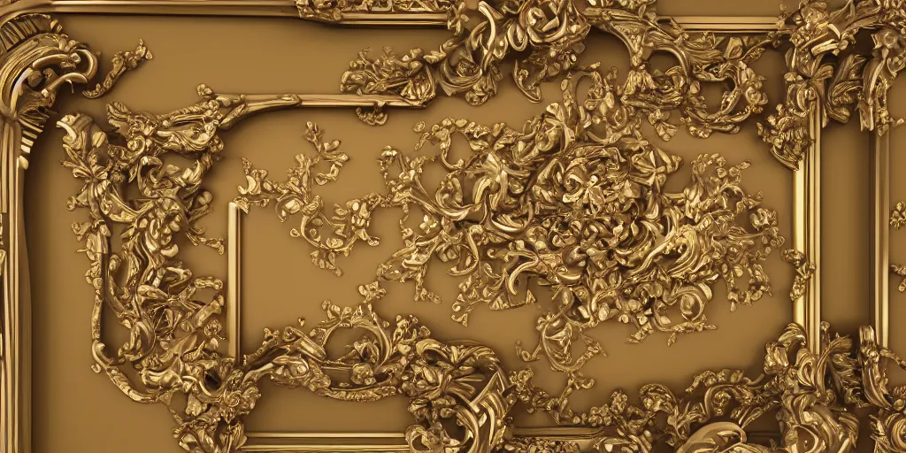 Image similar to 3 d octane render ultra photorealistic hyper detailed top view of a baroque picture frame