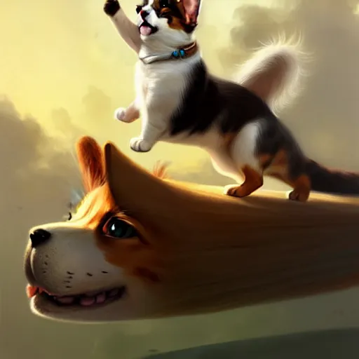 Image similar to tiny cat girl riding on the back of a giant corgi by greg rutkowski