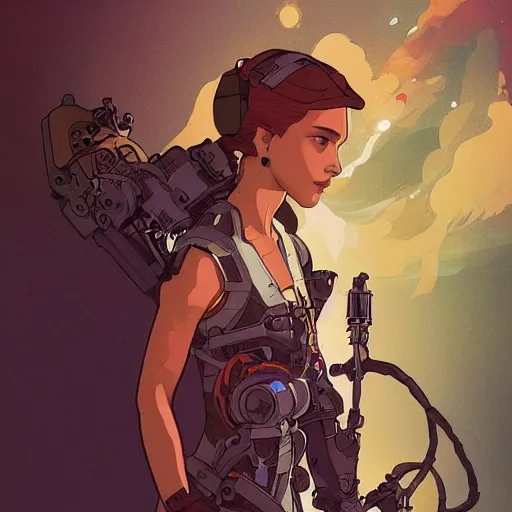 Image similar to Alicia Vikander as a dirty cyborg spaceship mechanic, highly detailed, artstation, digital illustration, concept art, by Kyoto Animation and Studio Ghibli, by Ilya Kuvshinov and Alphonse Mucha