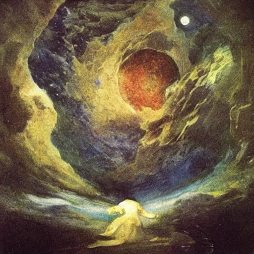 Prompt: the cosmos is all that is or was or ever will be. our feeblest contemplations of the cosmos stir us - - there is a tingling in the spine, a catch in the voice, a faint sensation, as if a distant memory, of falling from a height. we know we are approaching the greatest of mysteries. by goya