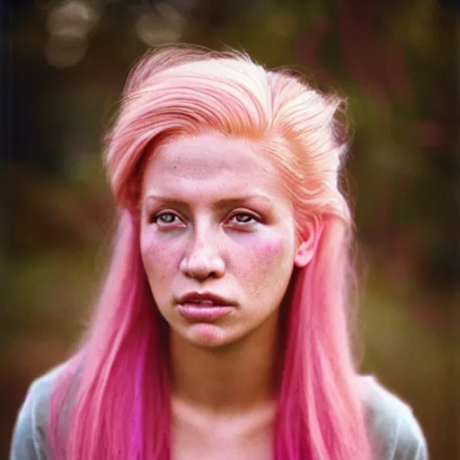 Image similar to a beautiful woman with pink hair and fair skin, portrait photograph, nikon 3 5 mm, photograph by annie leibovitz and steve mccurry,