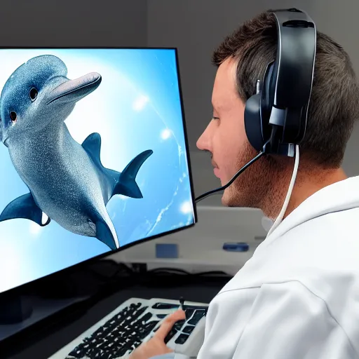 Image similar to An anthropomorphic grey dolphin in a white lab-coat playing games on a computer, digital painting, close-up, wearing a headset