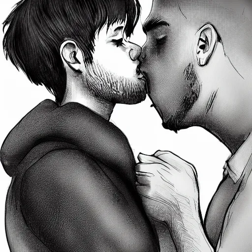 Image similar to 2 guys kissing each other one is slightly shorter than the other. digital art, trending on art station.