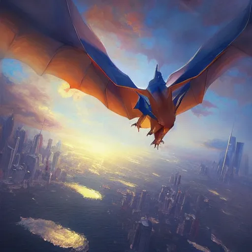 Prompt: charizard flying above new york, beautiful, serene colors, lake background, complimentary contrast, dramatic lighting, masterpiece, high contrast, painted by stanley lau, painted by greg rutkowski, painted by stanley artgerm, digital art, trending on artstation