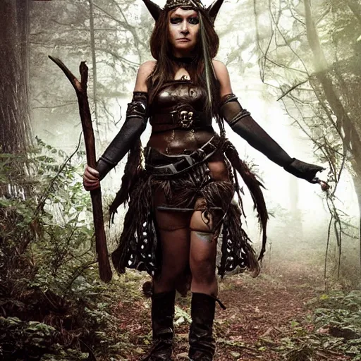 Image similar to a determined dnd deep gnome druid with leather clothing and leaves and sticks in her hair, photo by annie leibovitz