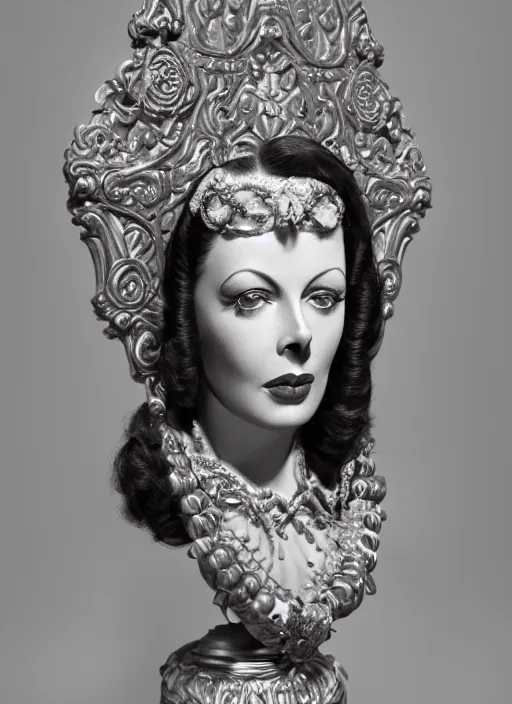 Prompt: high intricate bust of an hedy lamarr 1 9 4 0 carved from wood in baroque style, studio light, maria panfilova, andrea savchenko, mike kime, ludovic plouffe, qi sheng luo, oliver cook, trending on artstation