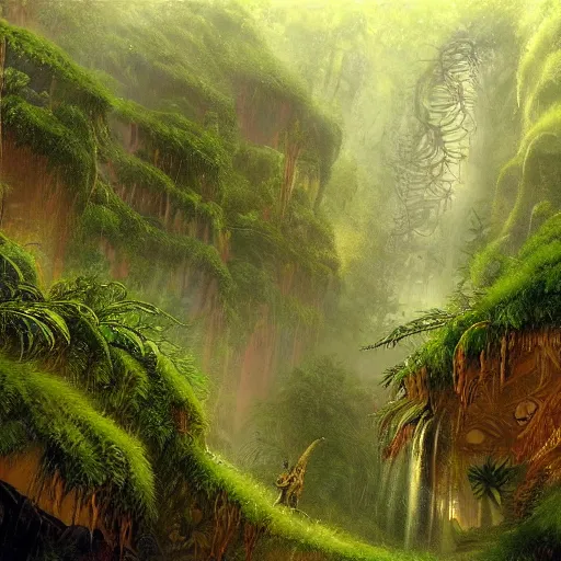 Image similar to Artwork of the Cinematic view of The Glittery Jungles by John Howe, Trending on artstation