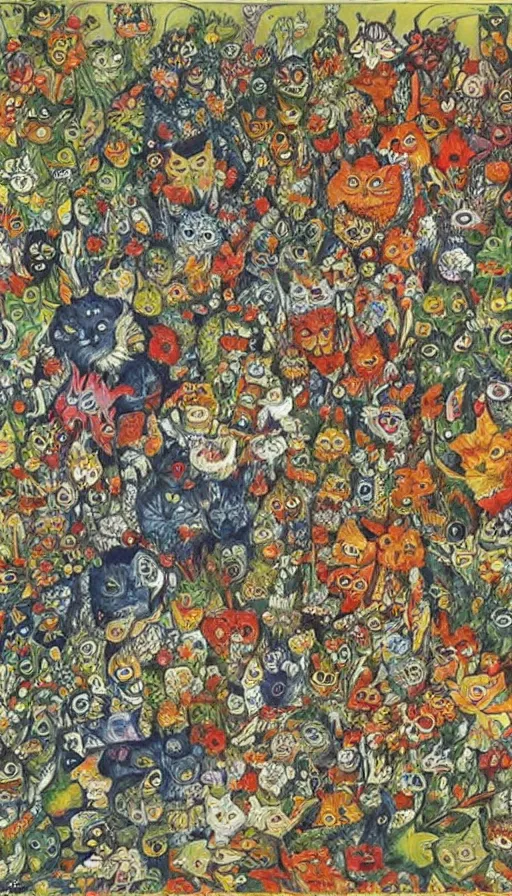 Image similar to life and death mixing together, by louis wain