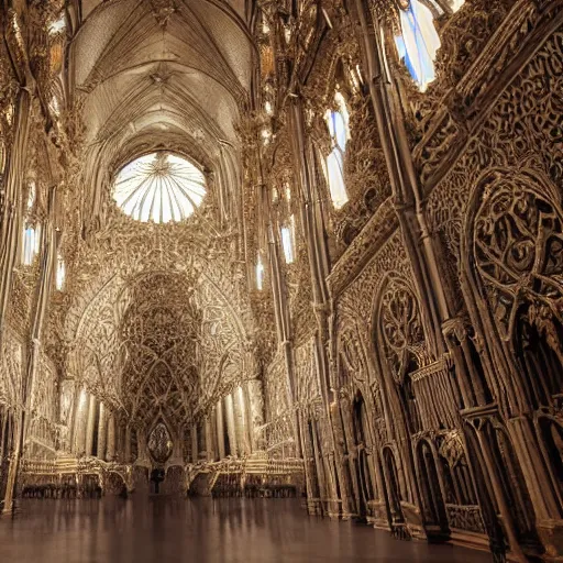 Image similar to a hyperrealistic cgi render of a delicate ivory sculpture of an ornate detailed cathedral populated by mandelbrot fractals by android jones, micro detail, unreal engine, volumetric lighting, dramatic lighting, psychedelic, octane renderer, catholicpunk, glowing, white color scheme, photorealistic, physically based rendering, angelic, colorful, carved soap, trending on cgsociety