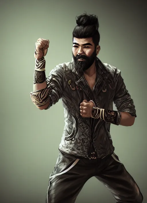 Image similar to a highly detailed illustration of bearded asian man wearing leather jacket with bandaged right hand, focused boxing philly shell stance pose, hands shielding face, backrooms background, intricate, elegant, highly detailed, centered, digital painting, artstation, concept art, smooth, sharp focus, league of legends concept art, WLOP