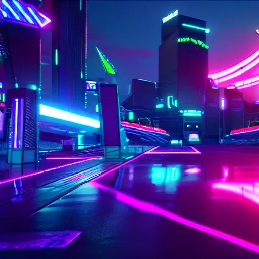 Prompt: a cyberpunk neon racing track in unreal engine, very high detailed, in a game, cinematic view