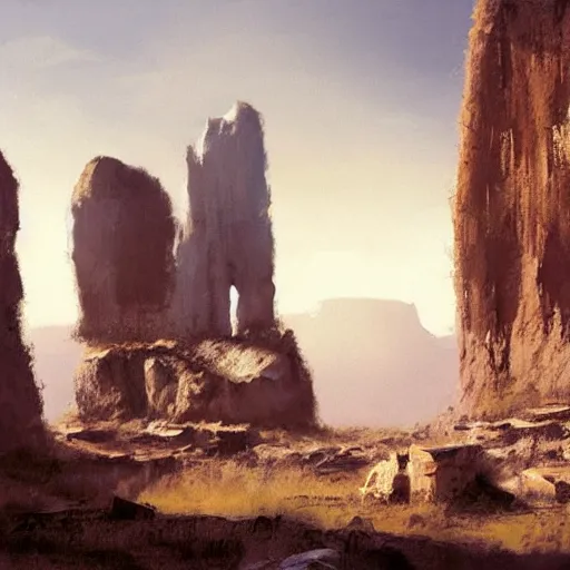 Image similar to concept art by craig mullins : an italian landscape, in the distance a small mesa of white marble can be seen. a stone henge is standig atop of the cliff