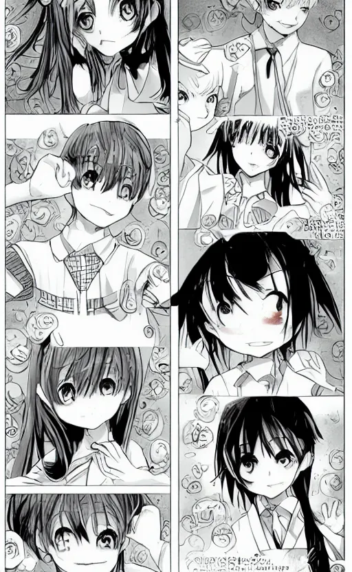 Image similar to a page of multi-panel shoujo!! ai school!! manga, black and white chibi manga!!! style, kawaii manga, japanese text kanji