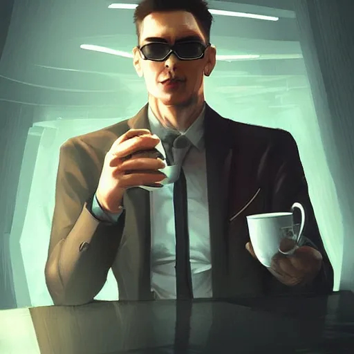 Image similar to portrait of a handsome CEO having a cup of coffee. cyberpunk style, digital art artstation cgsociety