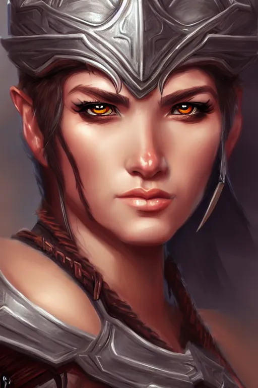 Prompt: head and shoulders portrait of a barbarian, female, high fantasy, d & d, by artgerm, face details, extremely detailed, digital illustration