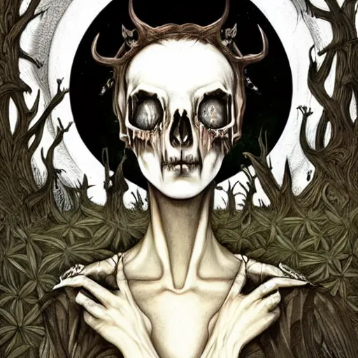 Image similar to an epic horrific wiccan gothic painting of a mother - nature witch cult woman wearing a deer skull, in a moonlit forest by gerald brom by junji ito by vanessa lemen by charlie bowater