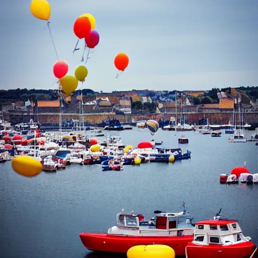 Image similar to photo of a lot of birthday balloons floating above a beautiful maritime port in bretagne. sharp focus, highly - detailed, award - winning, epic cinematic