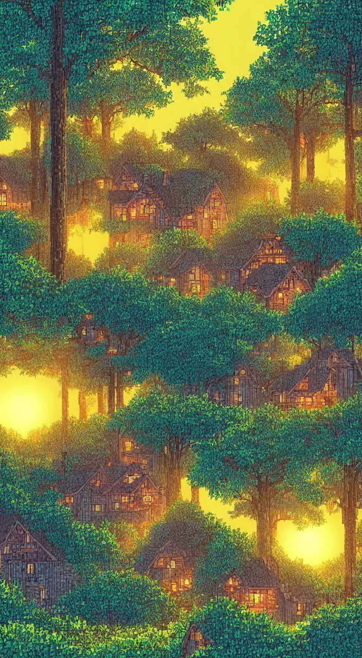 Image similar to a dreamy sunset in the big forest with houses in pixelart style, highly detailed, illustration