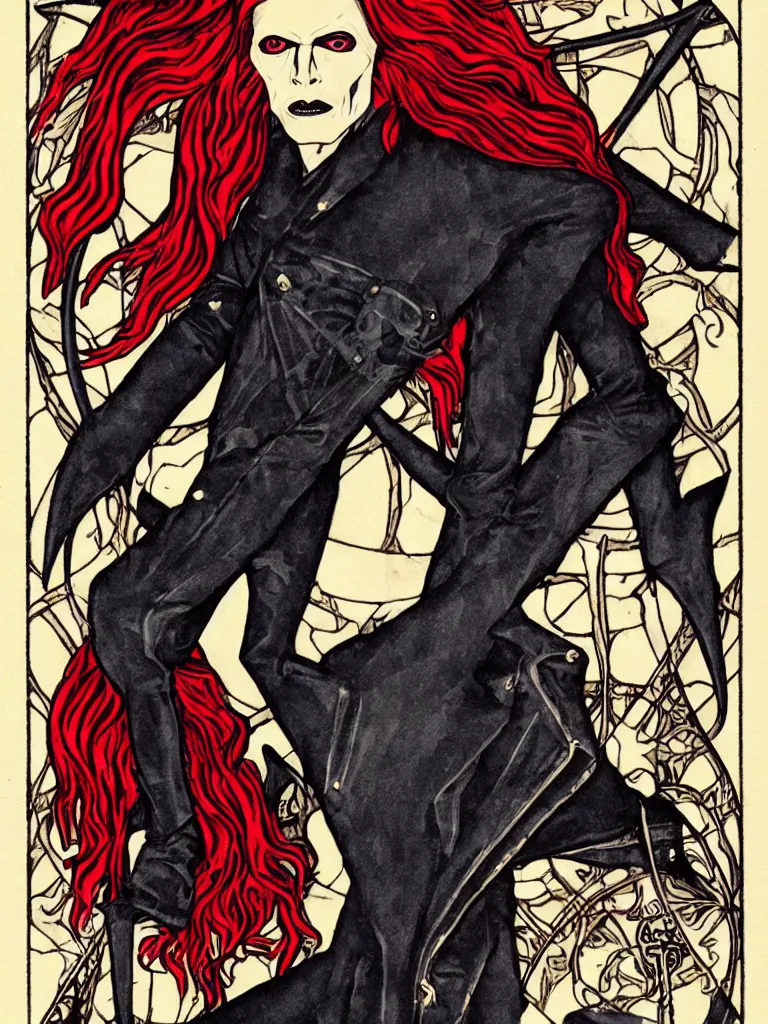 Image similar to art nouveau, David Bowie, one single figure, tarot card, vampire, sharp teeth, leather jacket, jeans, long red hair, full body