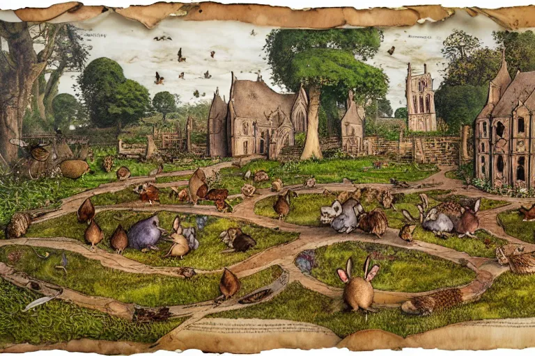 Image similar to an elaborate and dense painting of redwall abbey in mossflower wood with lots of mice and rabbits and otters walking around, detailed, made of alcohol ink on parchment and penned illustrations, by brian jacques and jean baptiste monge