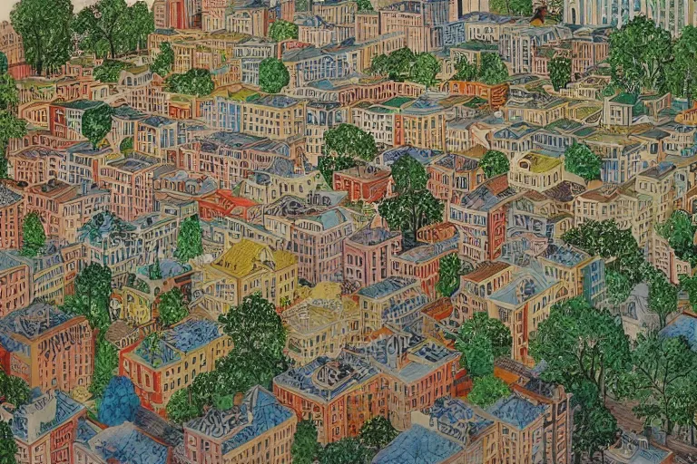 Image similar to an elaborate and dense painting of a peaceful neighborhood in the 1 9 5 0 /, made of alcohol ink on parchment, by wes anderson and geoff darrow
