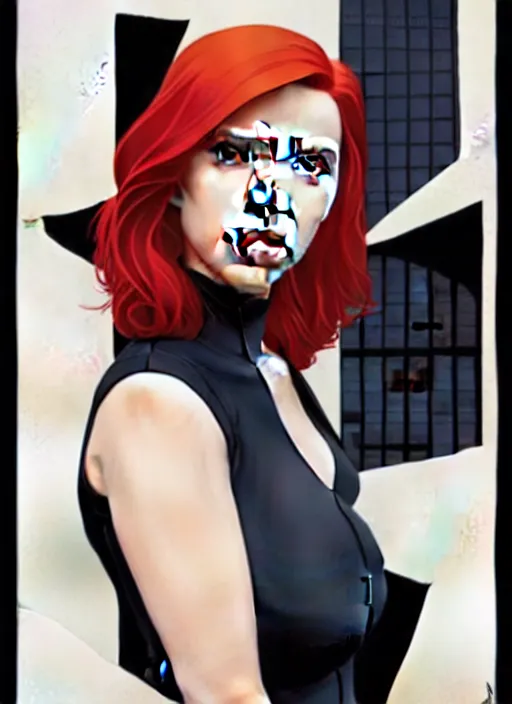 Image similar to phil noto, pretty scarlett johansson black widow, symmetrical eyes, long red hair, full body, city rooftop